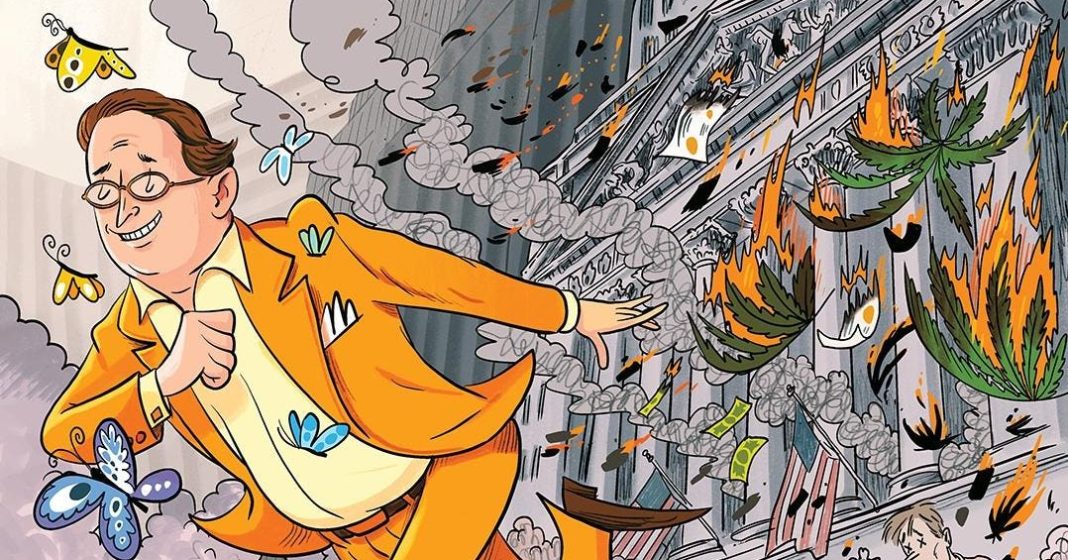 Man in an orange suit running gleefully away from a burning government building